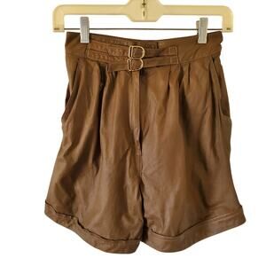 Faux Leather Shorts Womens XS Brown Pleated Front Belted Cuffed High Waist Pant